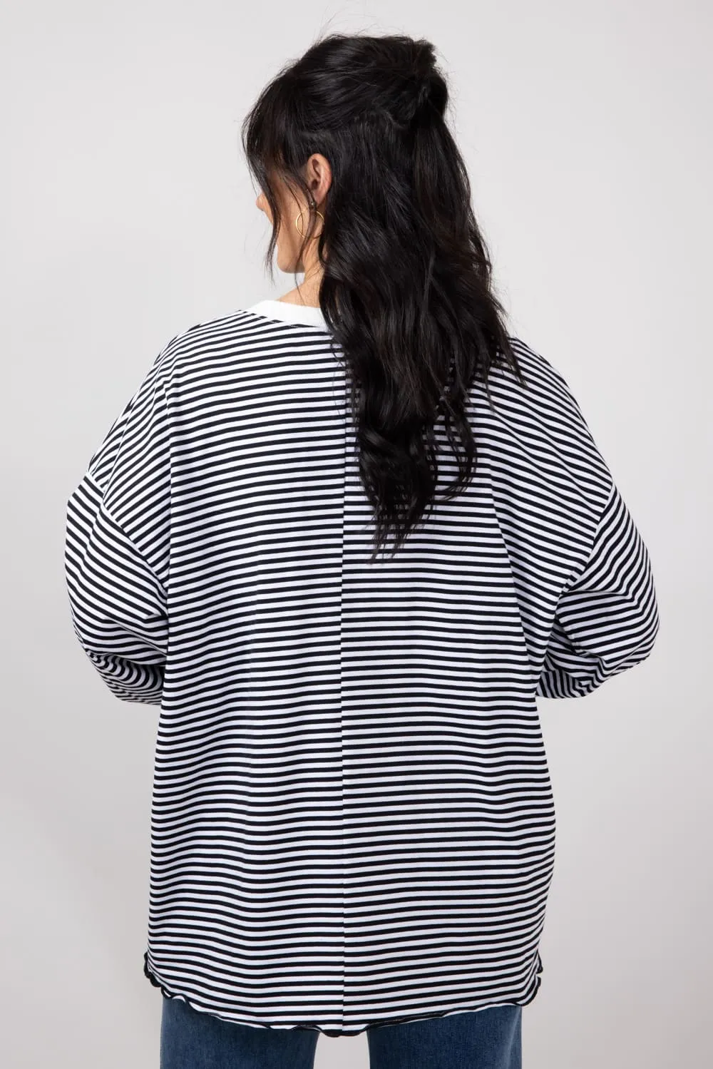La Miel Pencil Stripe Crewneck Long Sleeve Top for Women in Black | MCT7678-BLACK