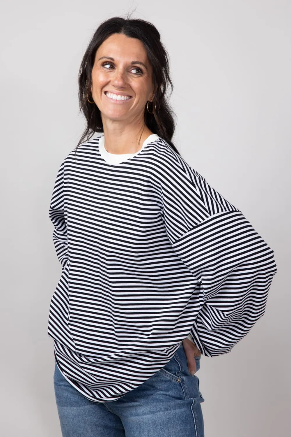 La Miel Pencil Stripe Crewneck Long Sleeve Top for Women in Black | MCT7678-BLACK