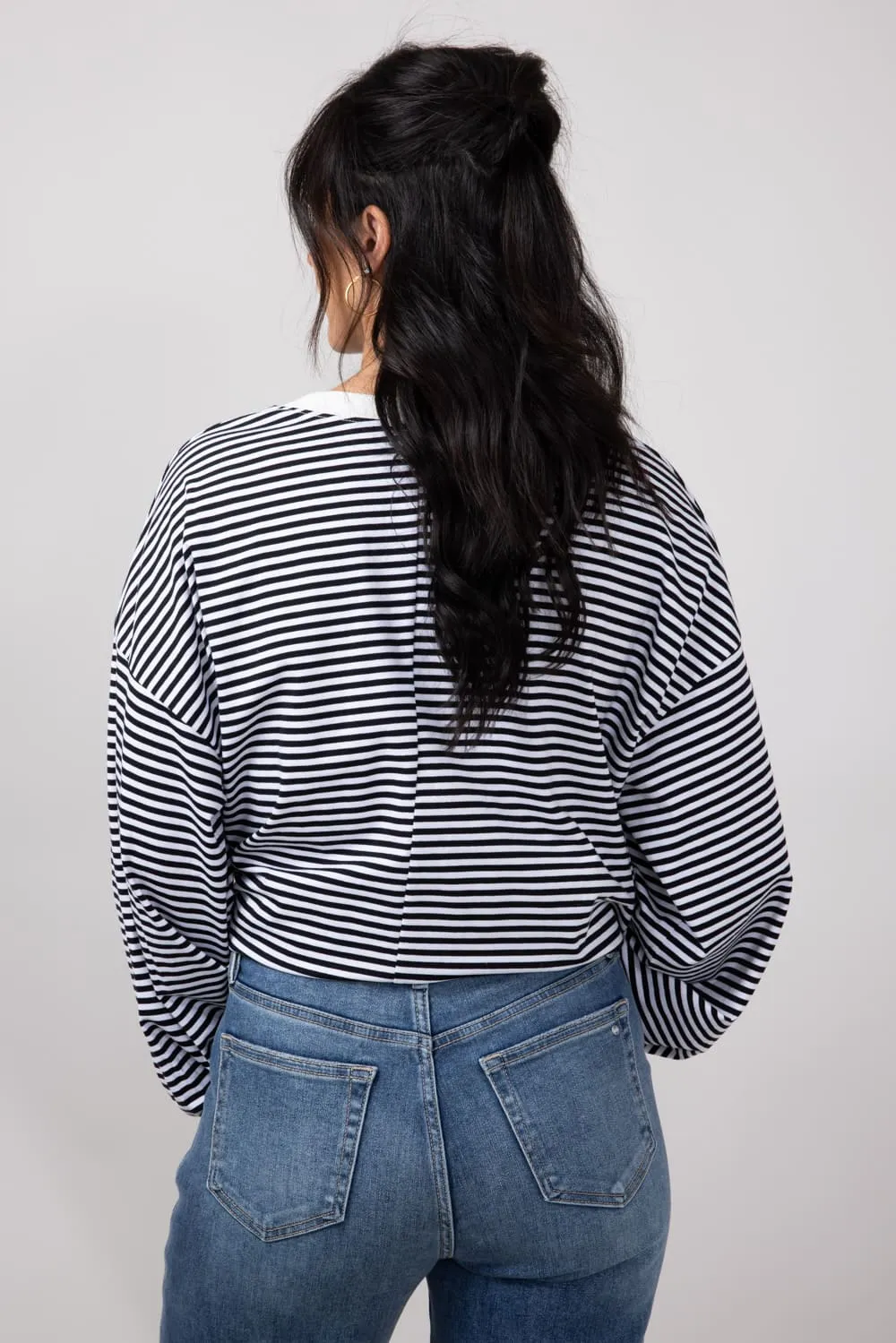 La Miel Pencil Stripe Crewneck Long Sleeve Top for Women in Black | MCT7678-BLACK