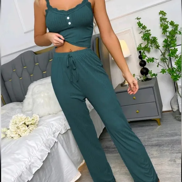 Lace Trim Cami Top &amp; Pants PJ Set / Pajama Set