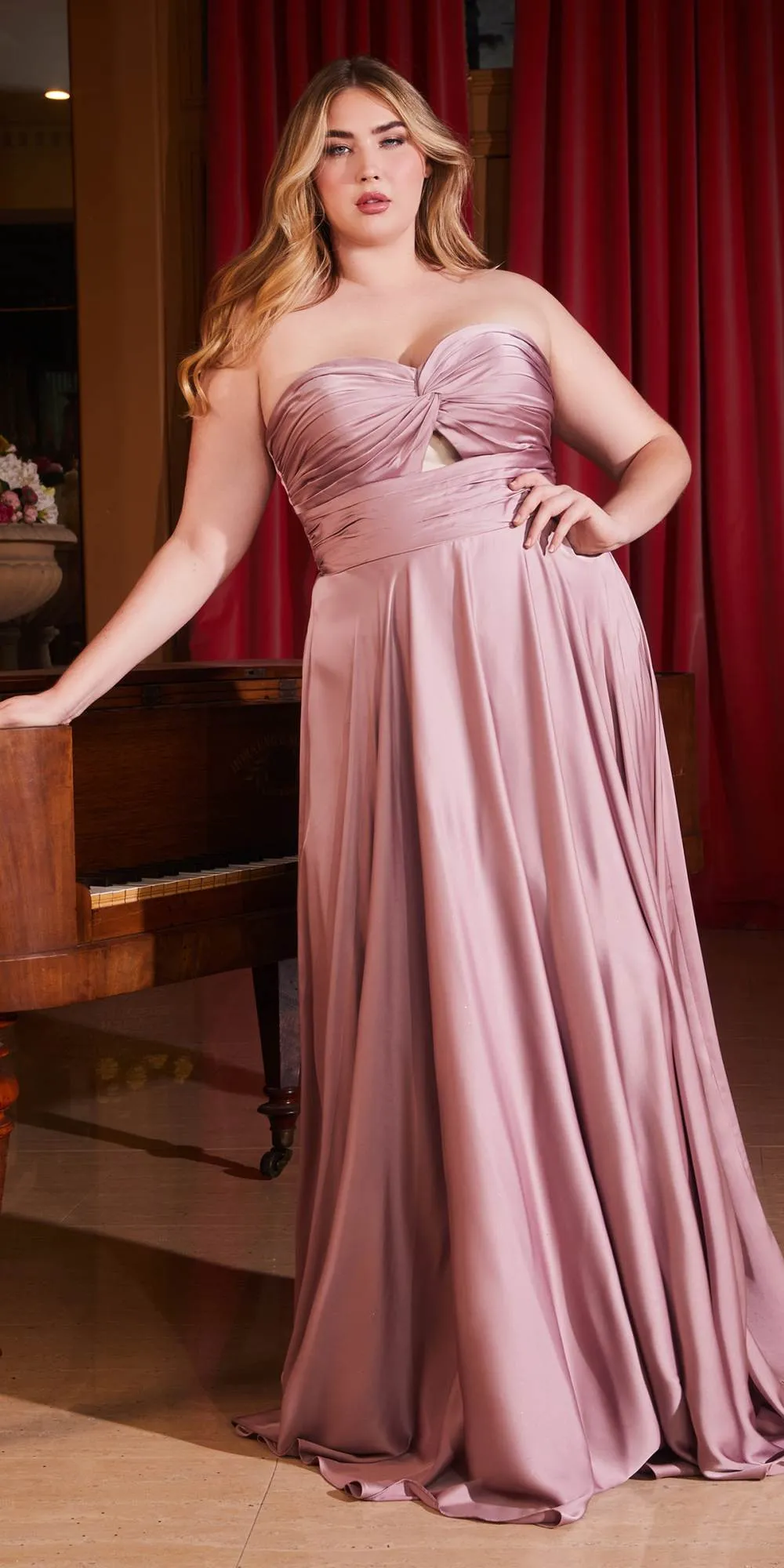 Ladivine 7496 Floor Length A-Line Luxurious Satin Strapless Keyhole Dress