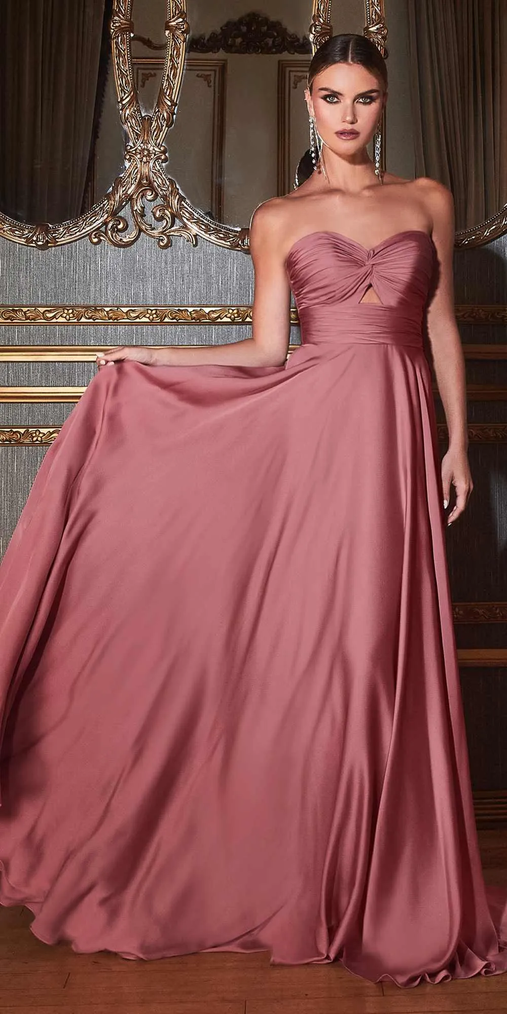 Ladivine 7496 Floor Length A-Line Luxurious Satin Strapless Keyhole Dress
