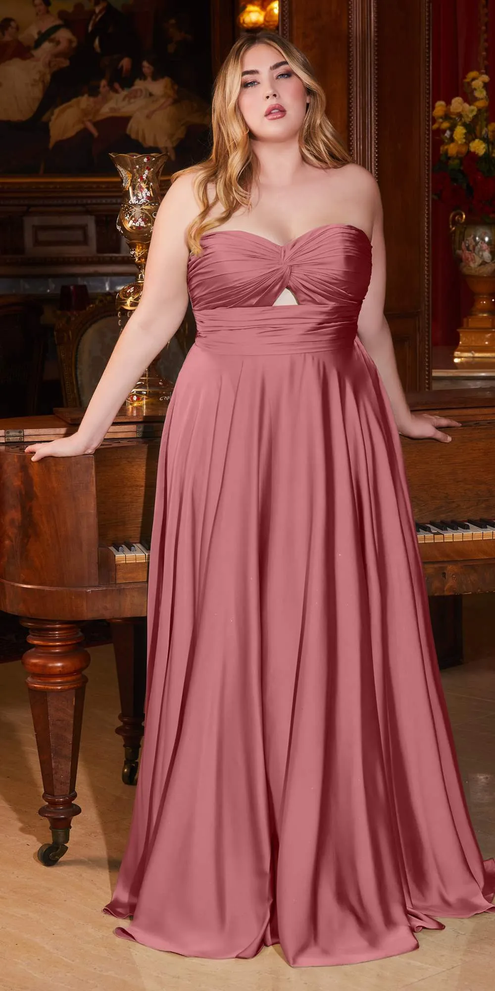 Ladivine 7496 Floor Length A-Line Luxurious Satin Strapless Keyhole Dress
