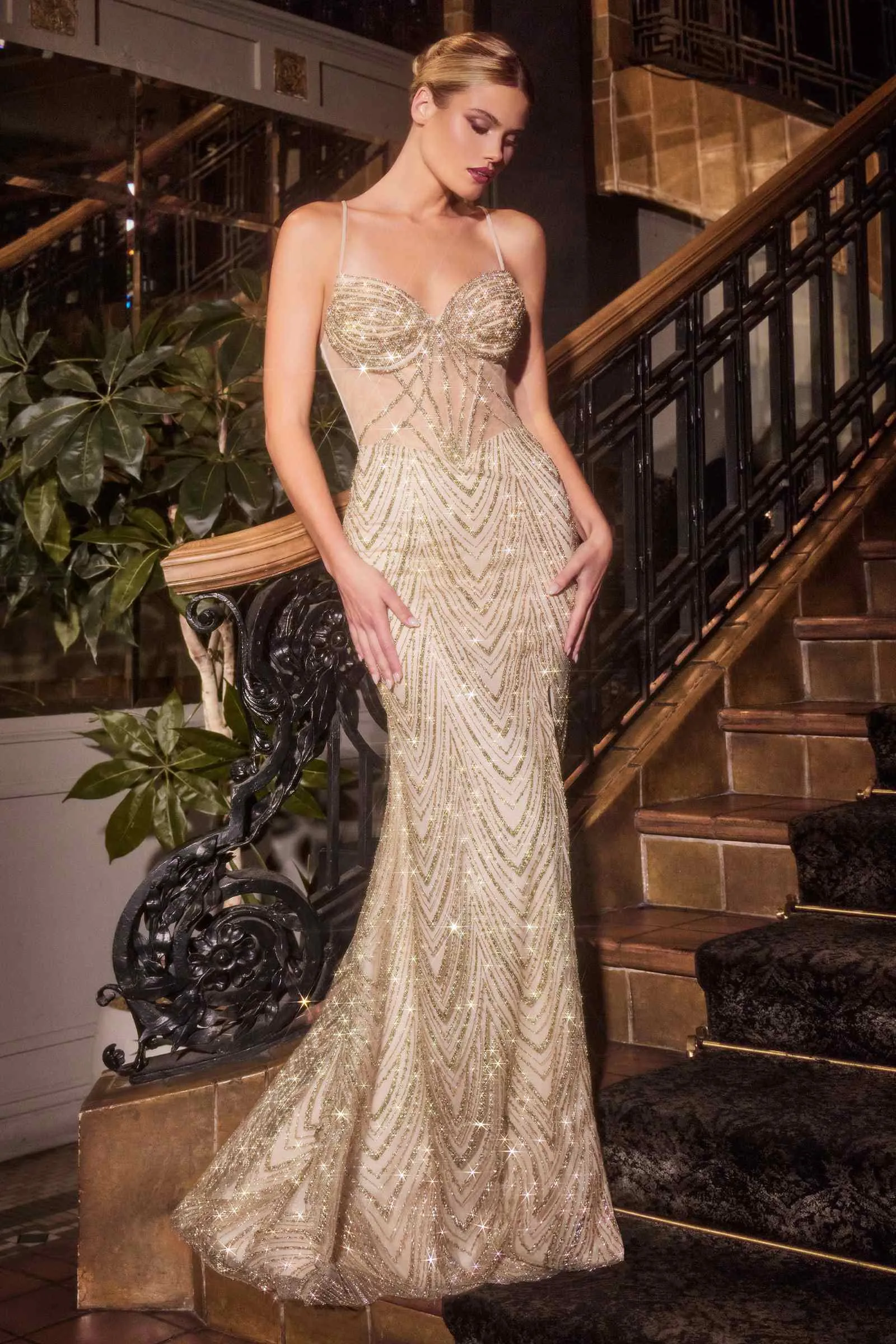 Ladivine C163 Dress Fitted Glitter Printed Gown