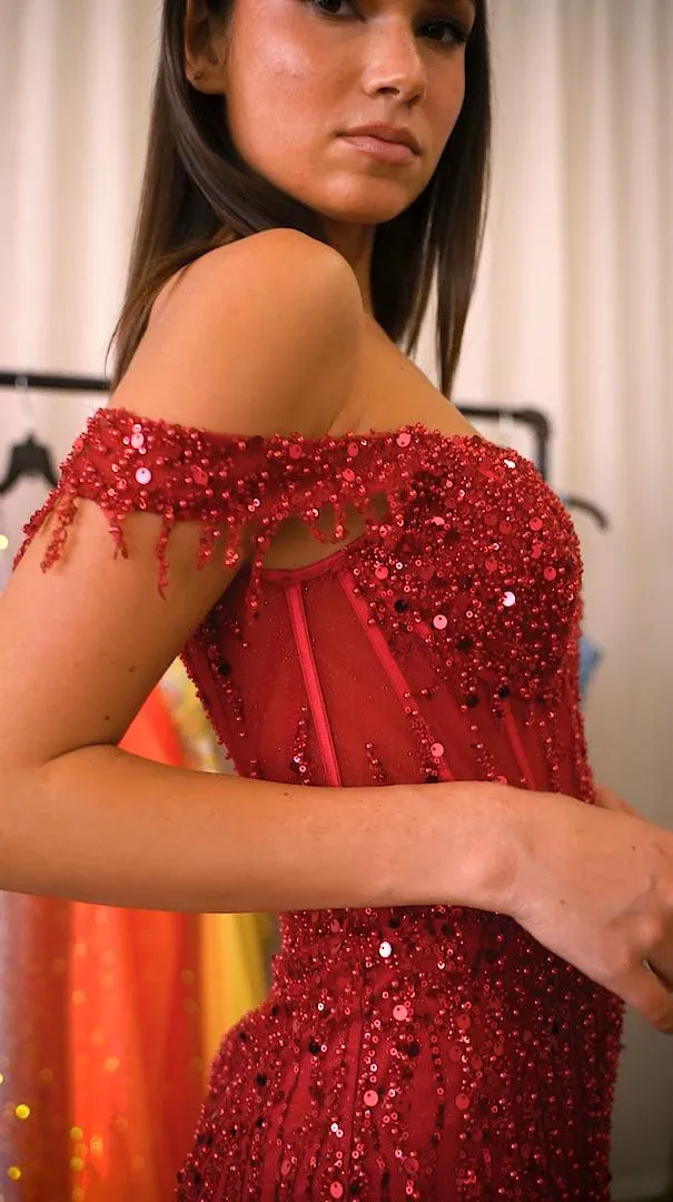 Ladivine CD0203 Long Off the Shoulder Sequin Gown with Slit