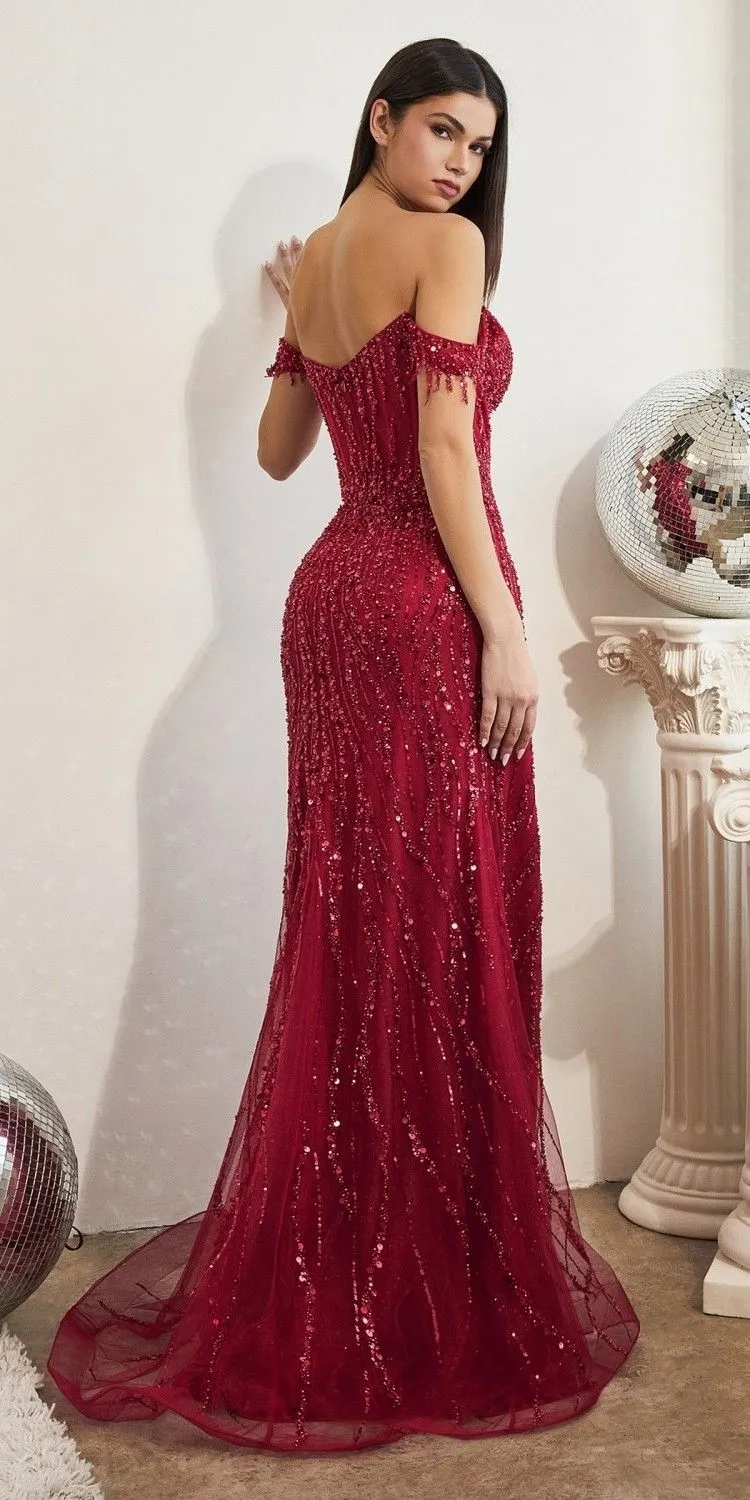 Ladivine CD0203 Long Off the Shoulder Sequin Gown with Slit