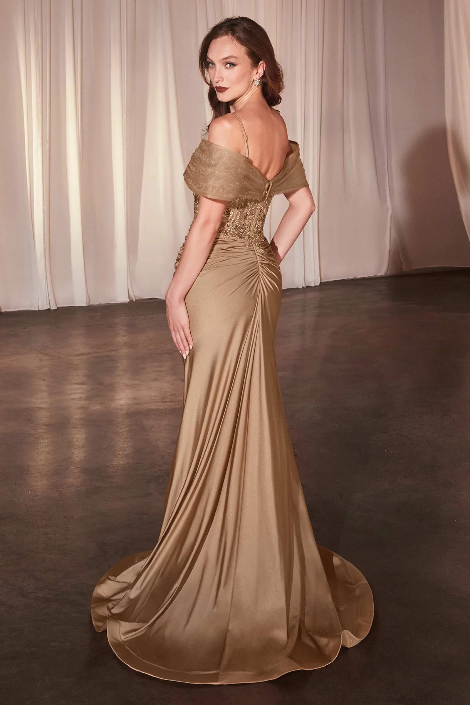 Ladivine CD798 Fitted Satin & Lace Gown With Off The Shoulder Accessory