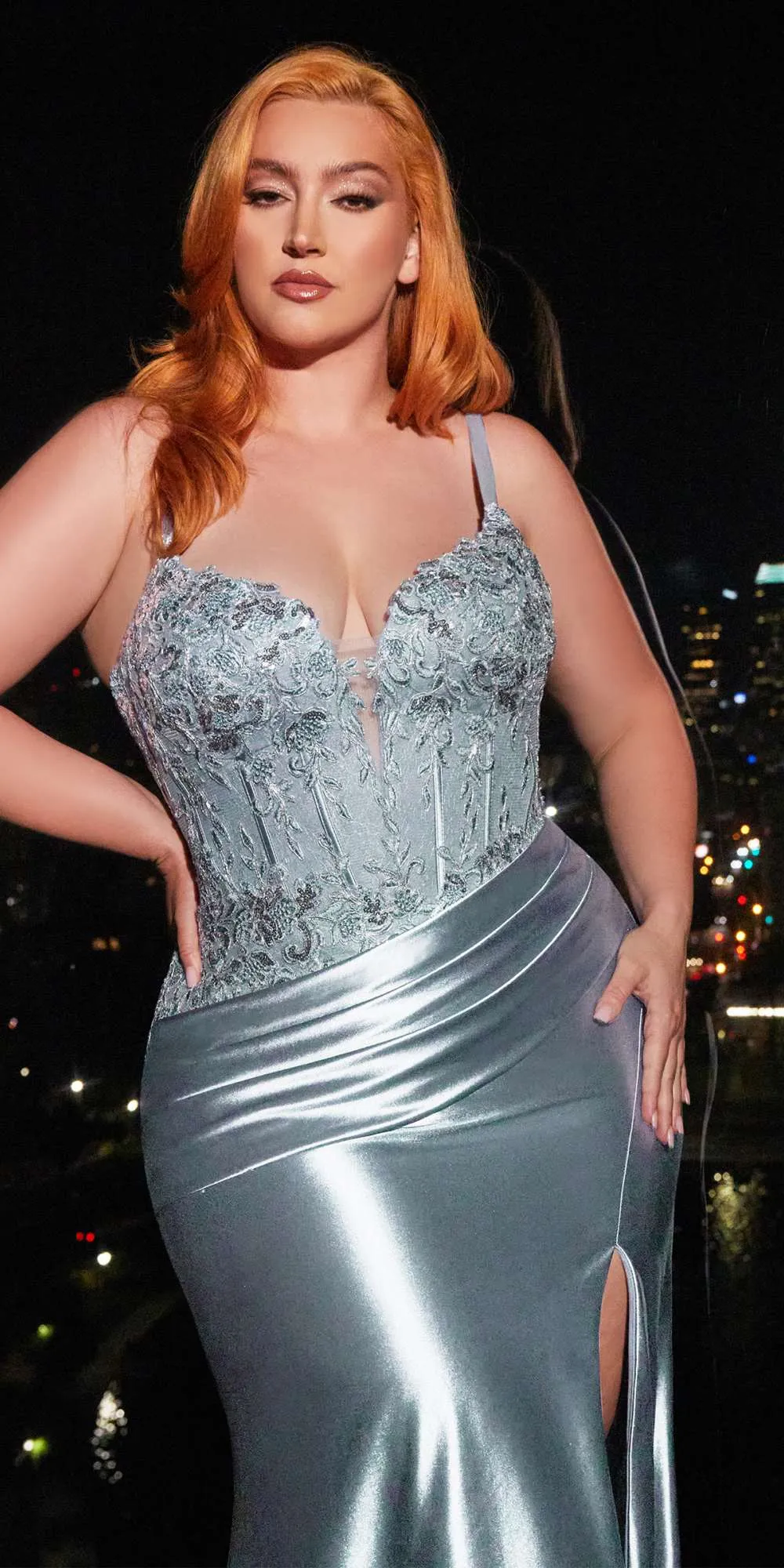Ladivine CD838C Long Stretch Satin Fitted Gown Lace Boned Bodice