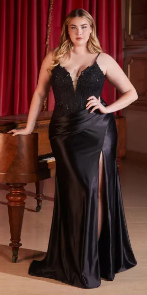 Ladivine CD838C Long Stretch Satin Fitted Gown Lace Boned Bodice