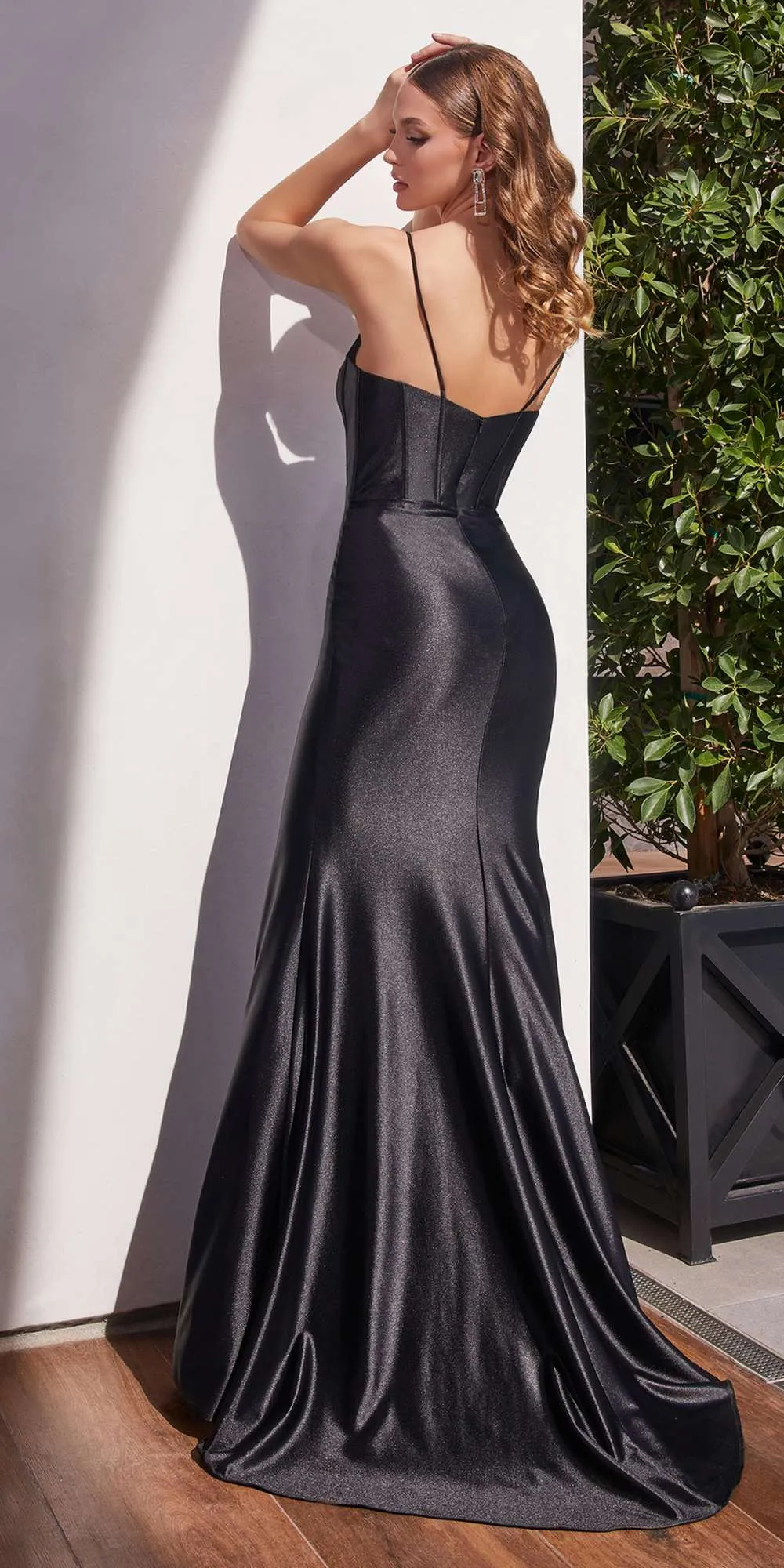 Ladivine CD873 Long Fitted Satin Gown with Lace Up Cut Outs