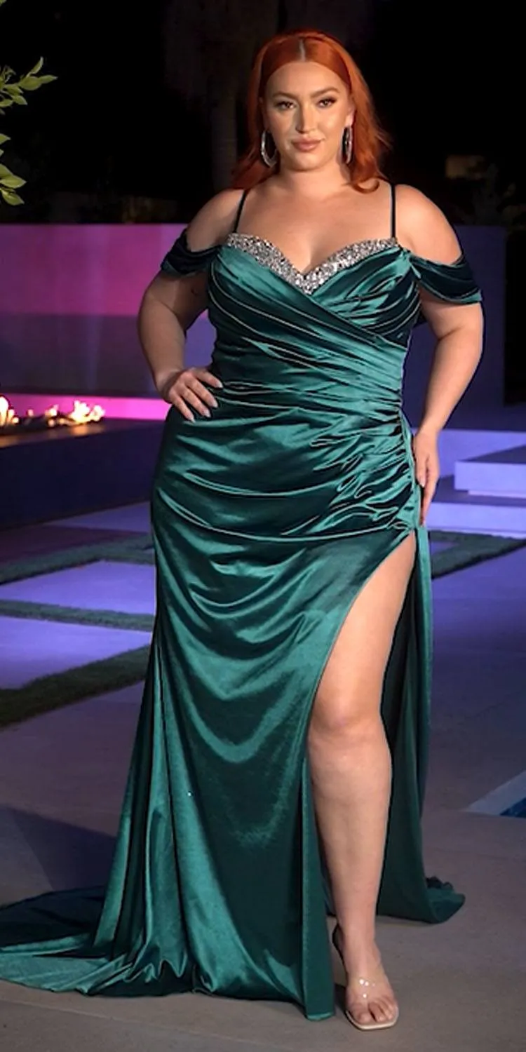 Ladivine CD875 Long Soft Satin Fitted Gown Off the Shoulder with Slit