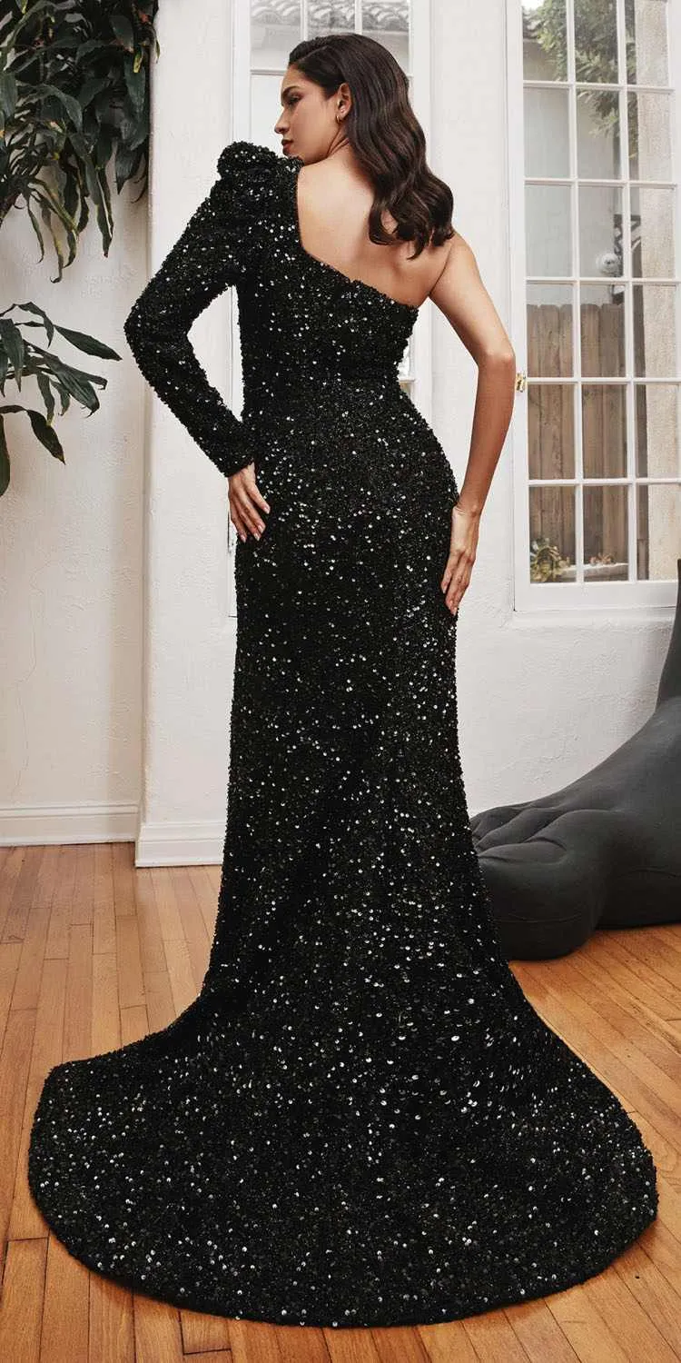Ladivine CD885 One Shoulder Long Sleeve Fitted Sequin Gown