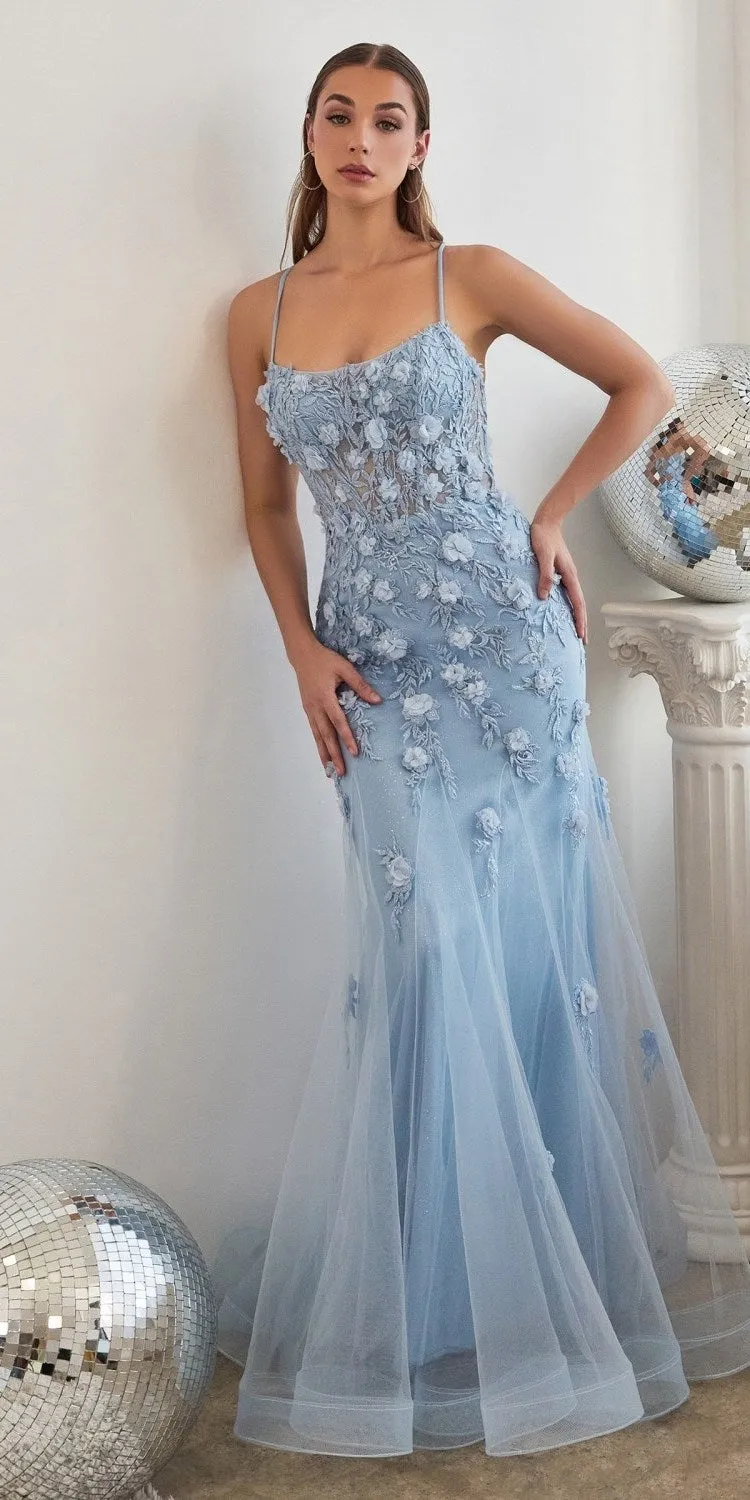 Ladivine CD995 Floor Length Fitted Floral Applique Tulle Gown