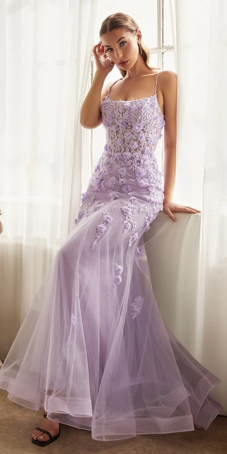 Ladivine CD995 Floor Length Fitted Floral Applique Tulle Gown
