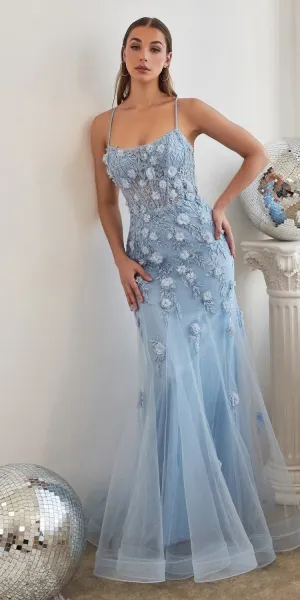 Ladivine CD995 Floor Length Fitted Floral Applique Tulle Gown
