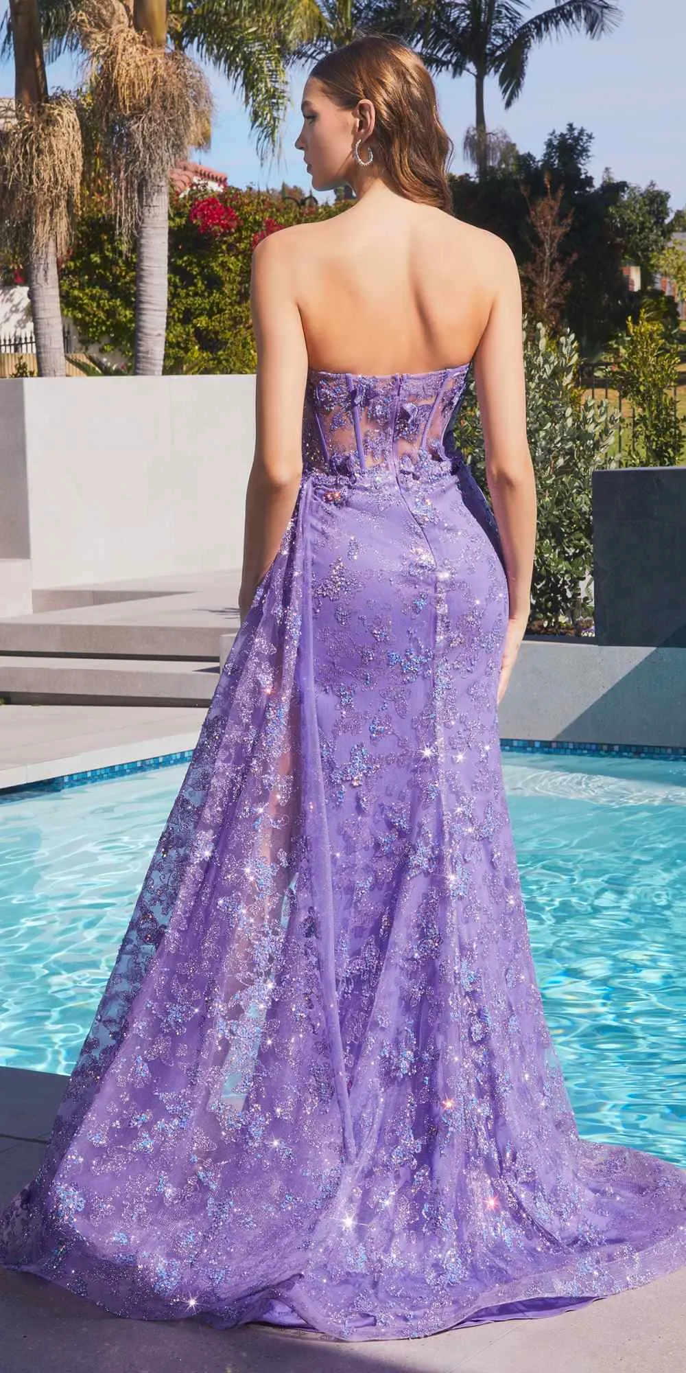 Ladivine CD998 Long Strapless Butterfly Applique Gown with Slit