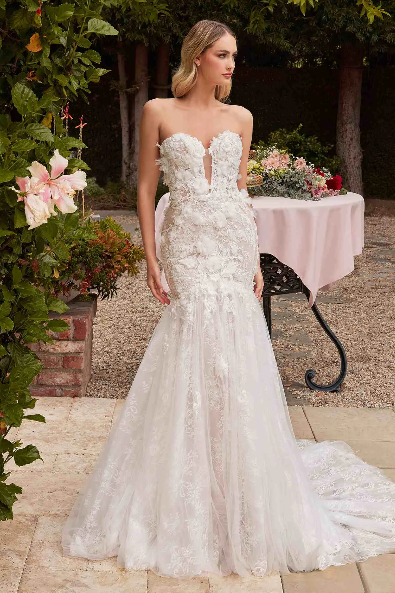 Ladivine CDS434W Long Strapless Lace Mermaid Dress Removable Puff Sleeves