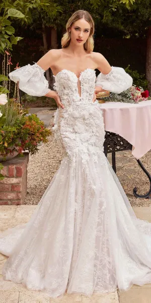 Ladivine CDS434W Long Strapless Lace Mermaid Dress Removable Puff Sleeves