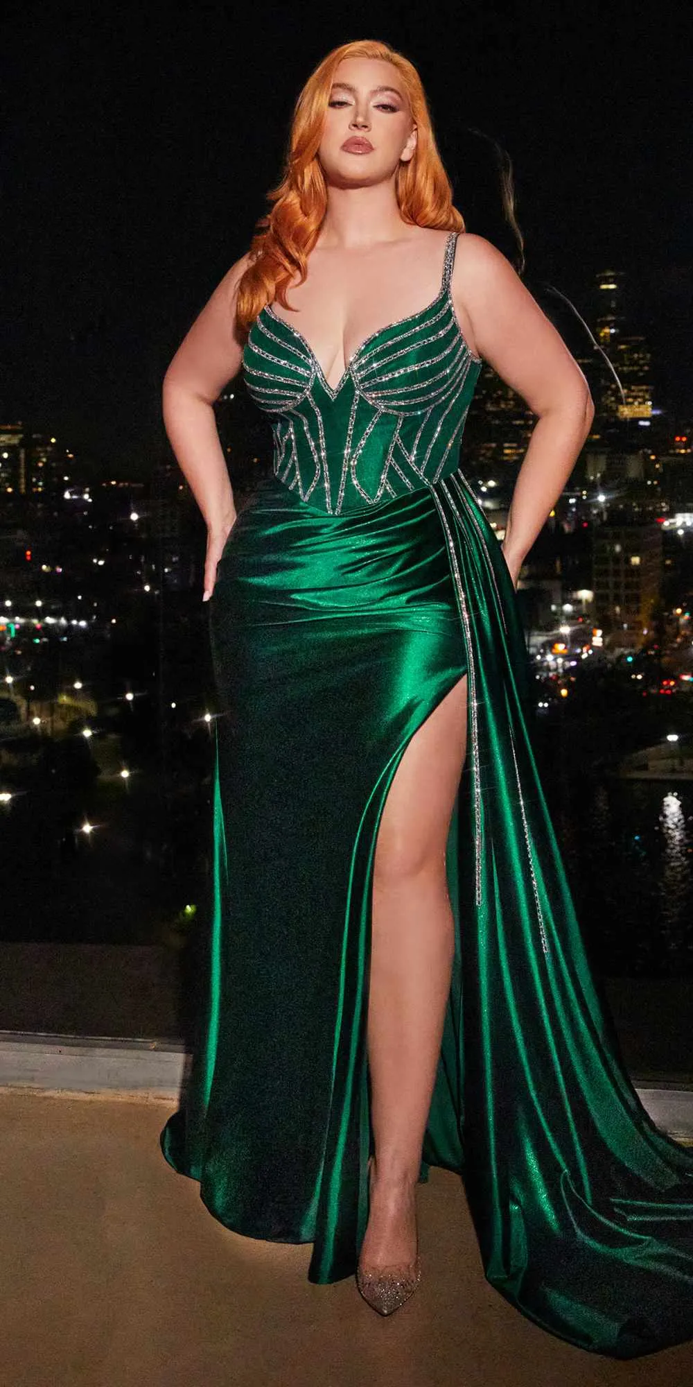 Ladivine CDS440 Floor Length Stretch Satin Sheer Bodice Sexy Gown