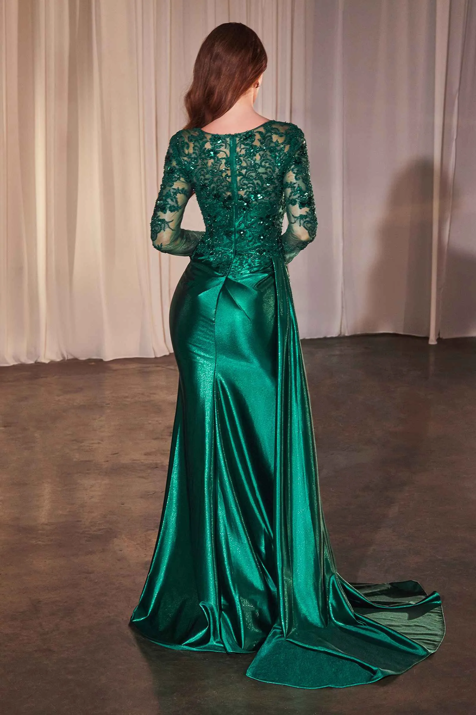 Ladivine CDS506 Dress Long Sleeve Lace & Satin Fitted Gown