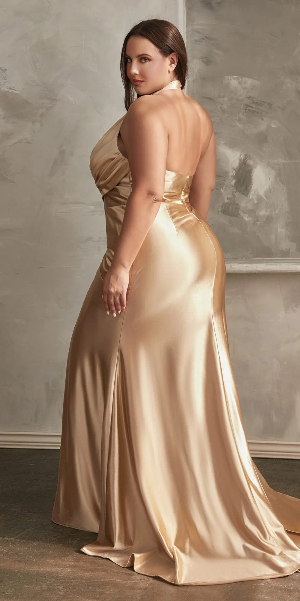 Ladivine CH079 Floor Length Fitted Halter Satin Gown Leg Slit Side Sash