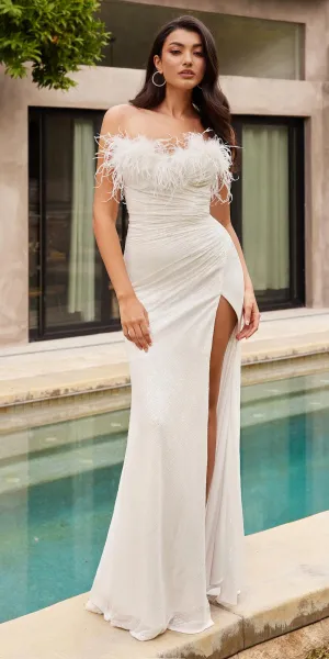 Ladivine CH147W Floor Length Sequin Strapless Gown Feather Top Front Slit