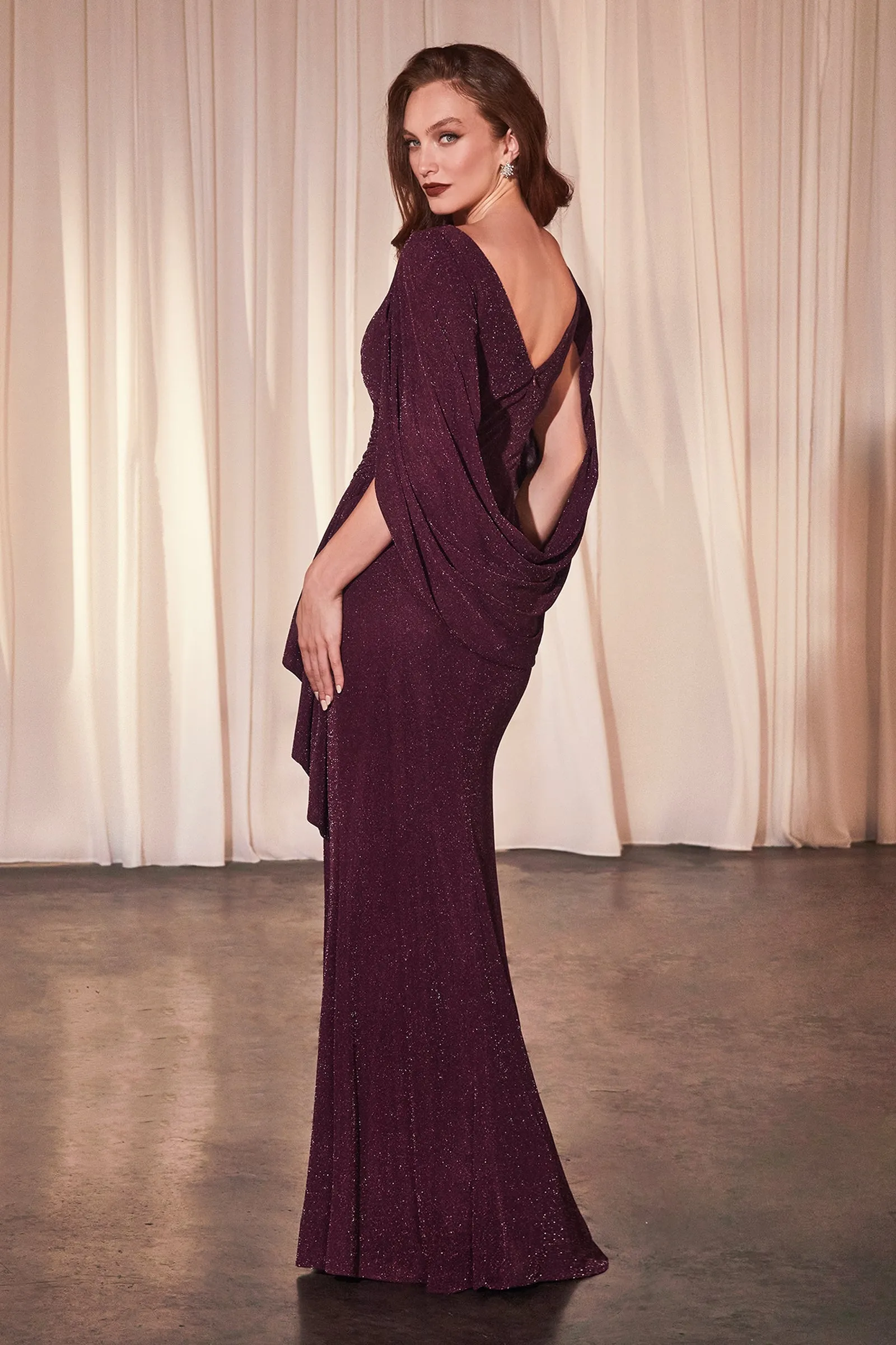 Ladivine CH386 Long Fitted Draped Caped Gown