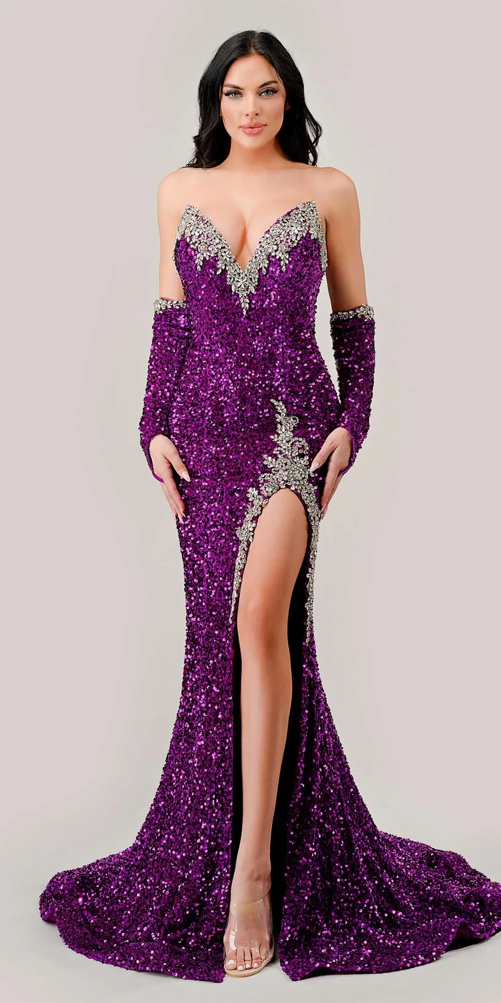 Ladivine CP639 Long Strapless Sequin Gown With Matching Gloves