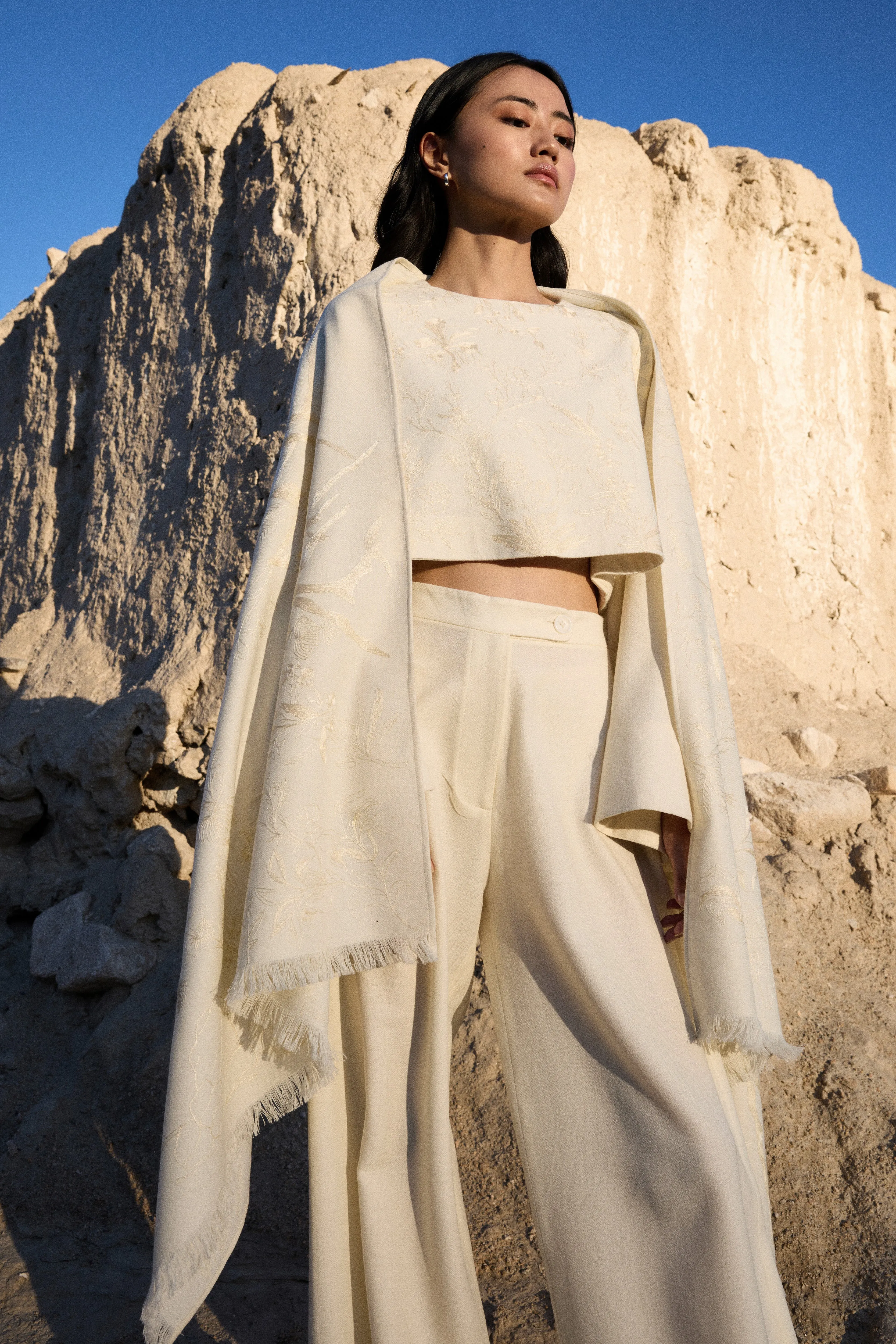 Lamayuru Woollen Top (Ivory), Nyoma Woollen Pants (Ivory) & Lamayuru Woollen Shawl (Ivory)