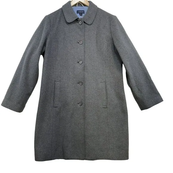 Lands End Womens Wool Blend Coat 14P Gray Long Sleeve Button-Up Outerwear