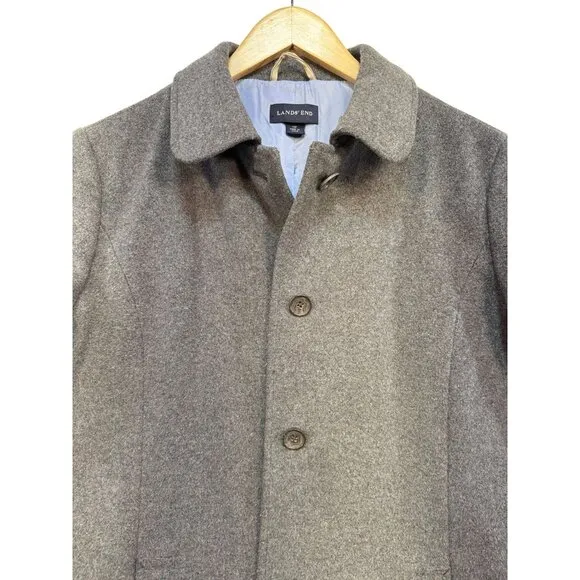 Lands End Womens Wool Blend Coat 14P Gray Long Sleeve Button-Up Outerwear