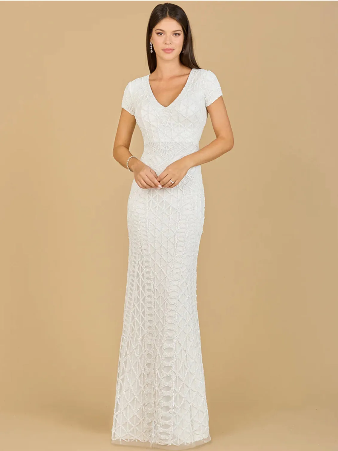 Lara Ivory Beaded V-Neckline Dress with Cap Sleeves 29746