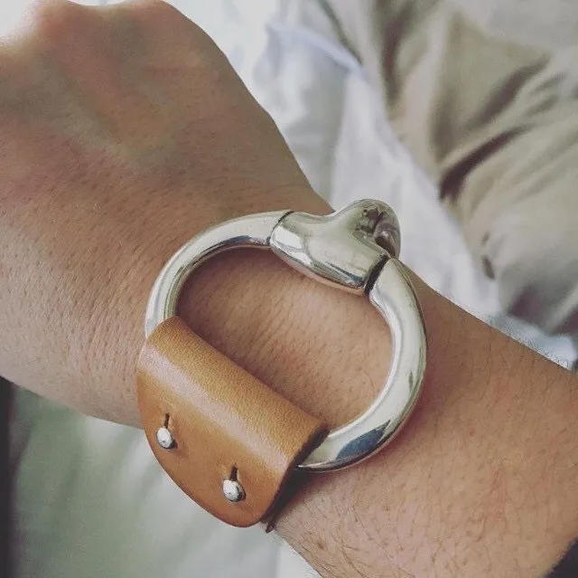 Large Silver Snaffle Bit Leather Bracelet with Brown Leather Cuff for Women