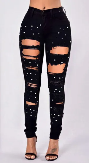 Large Size High Waist Irregular Hole Jeans