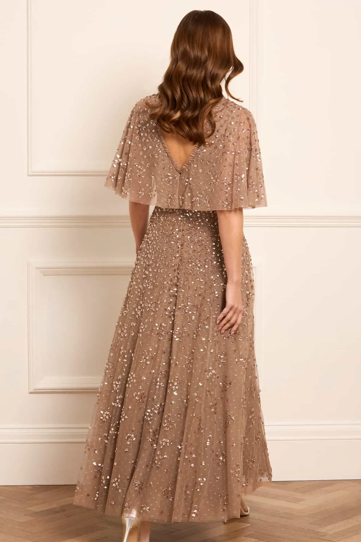Leila Dot V-Neck Cape Ankle Gown