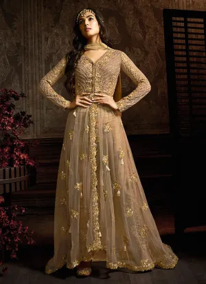 Light Brown Embroidered Anarkali Pants Suit