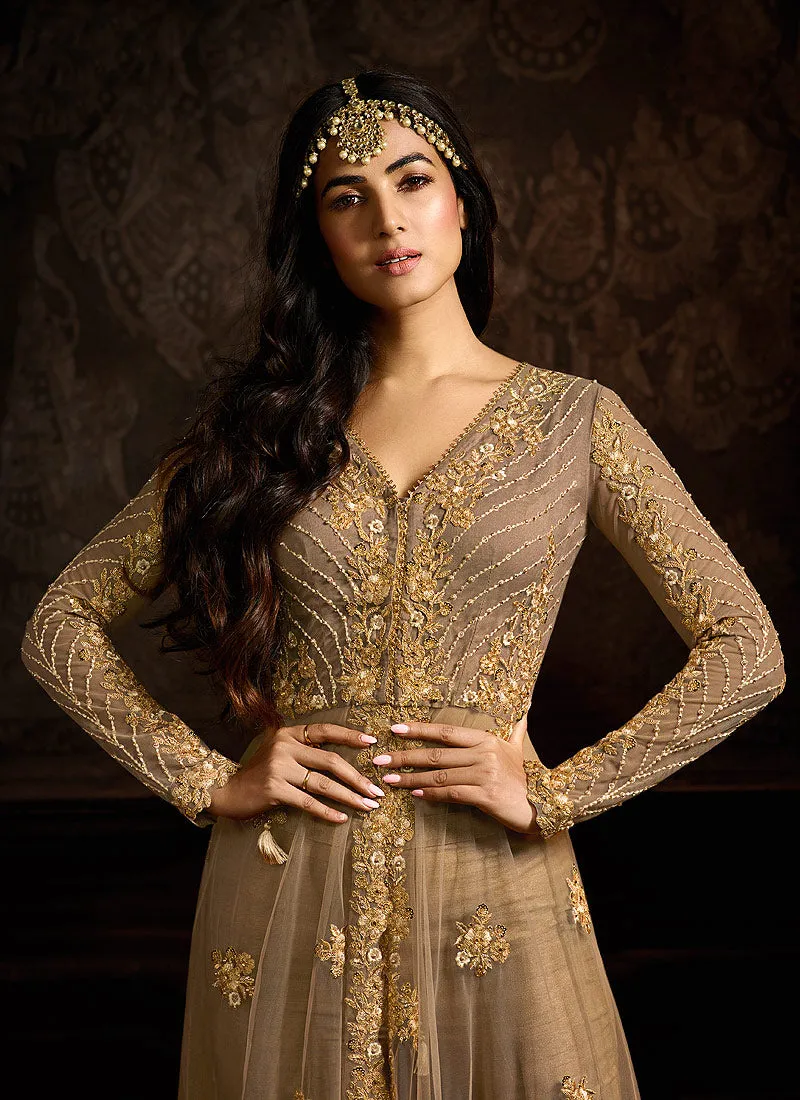 Light Brown Embroidered Anarkali Pants Suit