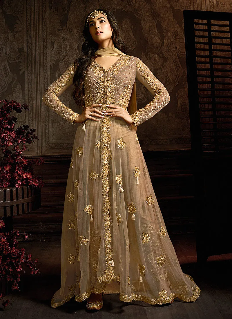 Light Brown Embroidered Anarkali Pants Suit