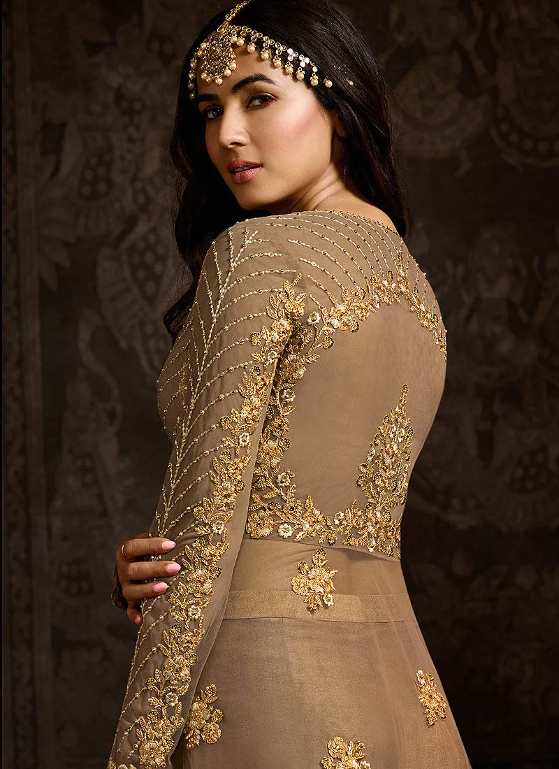 Light Brown Embroidered Anarkali Pants Suit