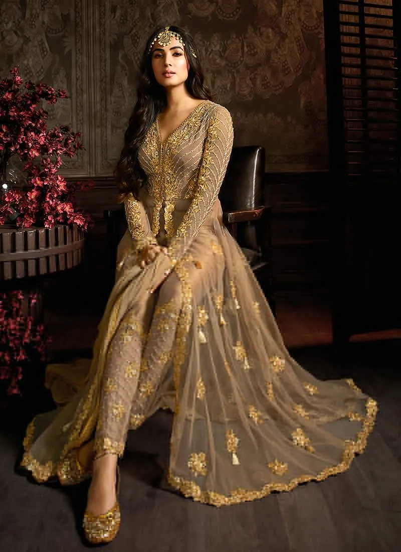 Light Brown Embroidered Anarkali Pants Suit