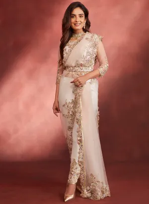 Light Pink Embroidered Pant Style Saree