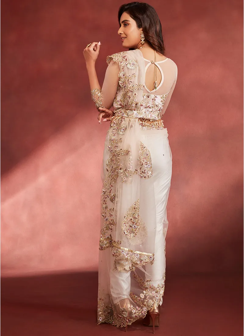 Light Pink Embroidered Pant Style Saree