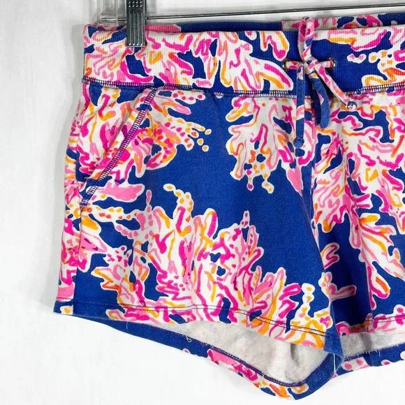 Lilly Pulitzer Small Shorts Yasmin Coral Print Blue Pink Pull On Pockets 1474