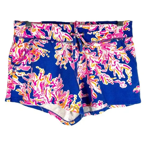 Lilly Pulitzer Small Shorts Yasmin Coral Print Blue Pink Pull On Pockets 1474