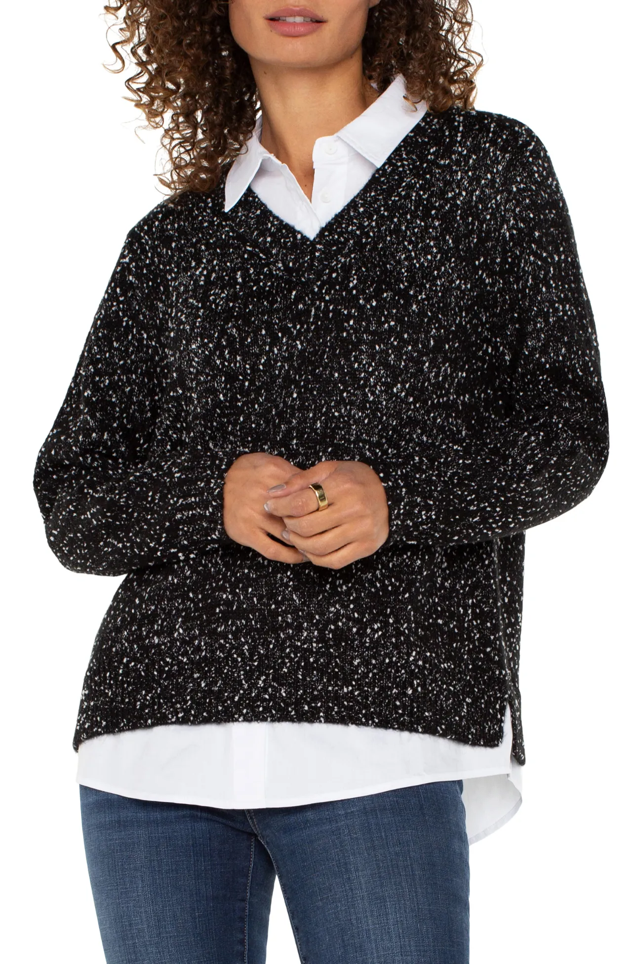 Liverpool Black Long Sleeve Twofer Collared Sweater