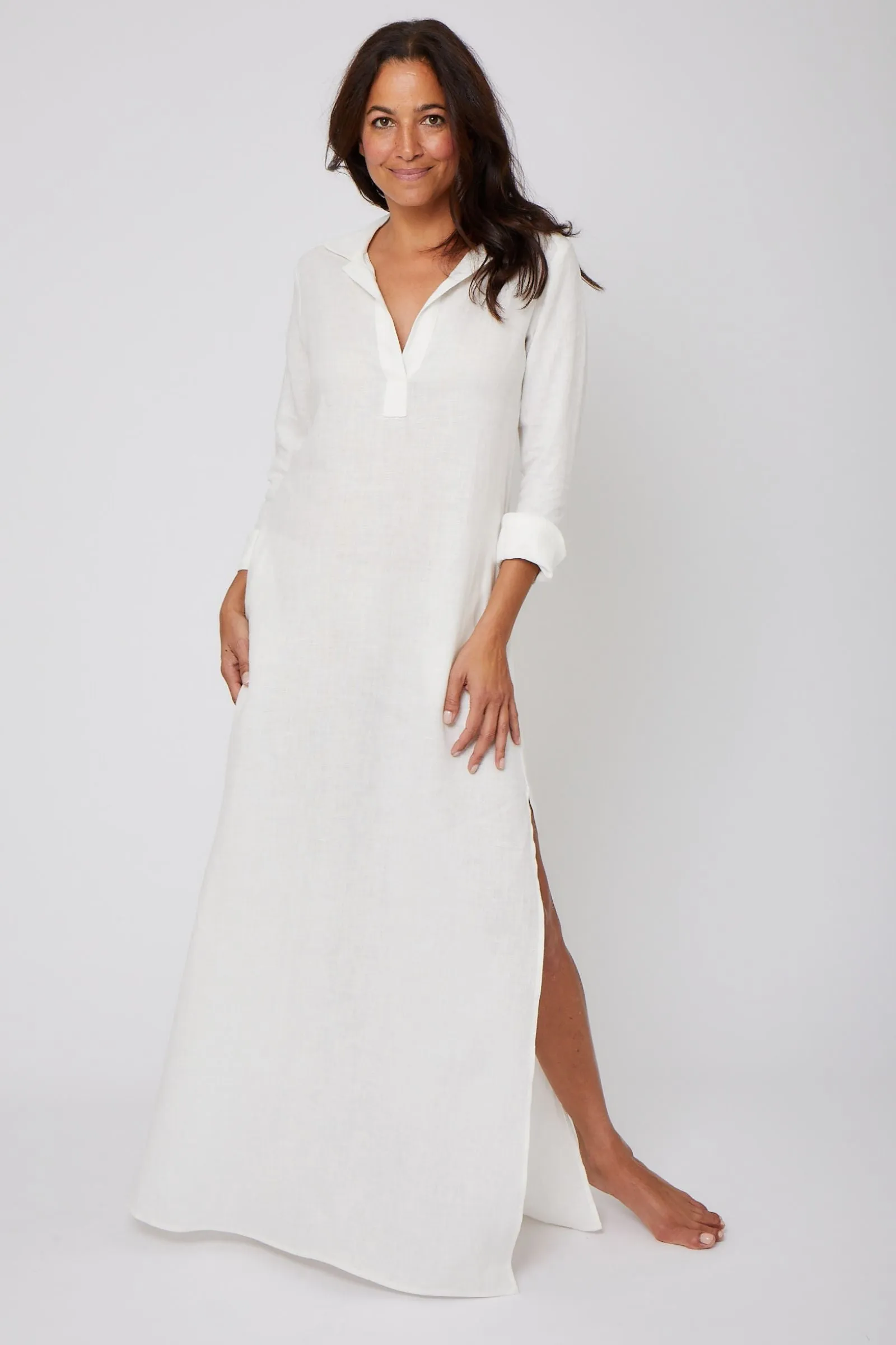Long Linen Shirt Dress - Cream