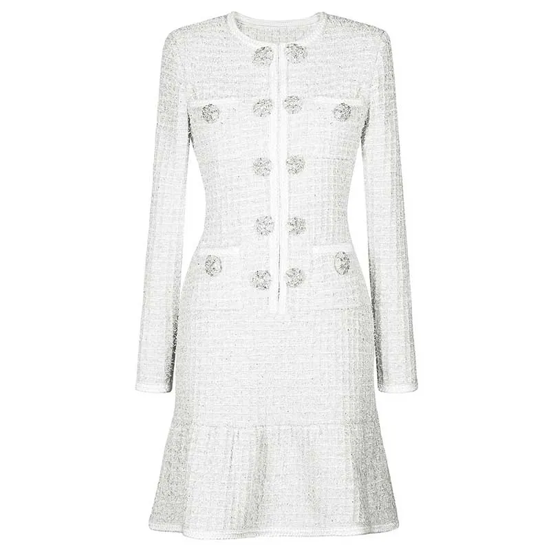 Long Sleeves Mid-Length Knitted Dresses Buttons Body-Con A-Line Dress