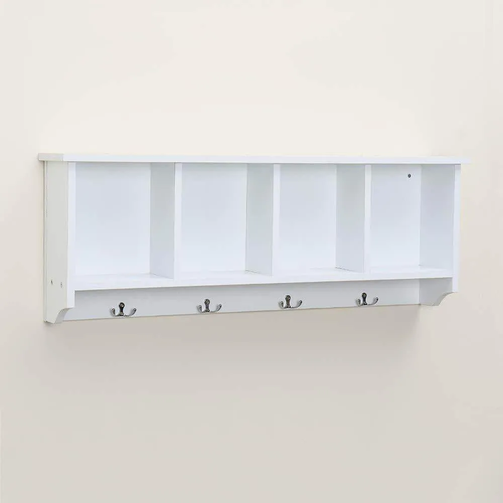 love furniture Floating Shelf Coat Rack Wall Mounted Cabinets Hanging Entryway Shelf w/ 4 Hooks Storage Cubbies Organizer White