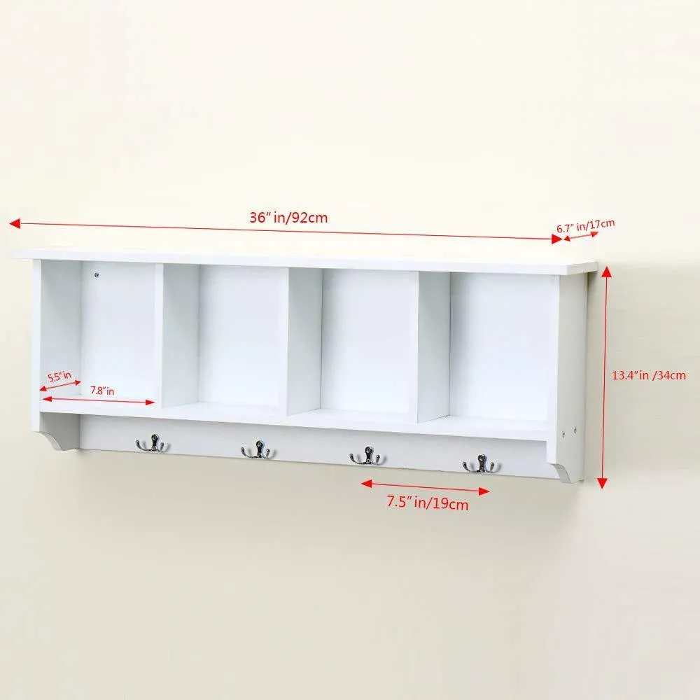 love furniture Floating Shelf Coat Rack Wall Mounted Cabinets Hanging Entryway Shelf w/ 4 Hooks Storage Cubbies Organizer White