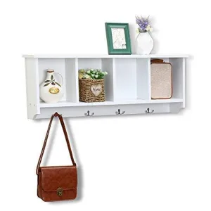 love furniture Floating Shelf Coat Rack Wall Mounted Cabinets Hanging Entryway Shelf w/ 4 Hooks Storage Cubbies Organizer White